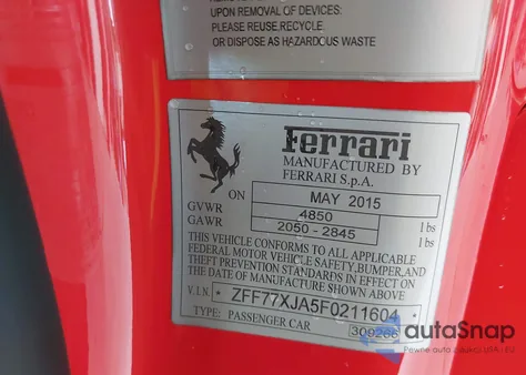 2015 Ferrari California T из США, поврежденный, VIN ZFF77XJA5F0211604